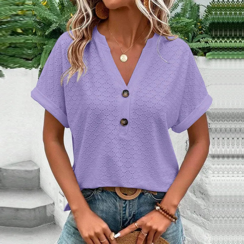 Erza Eyelet Button V Neck Top