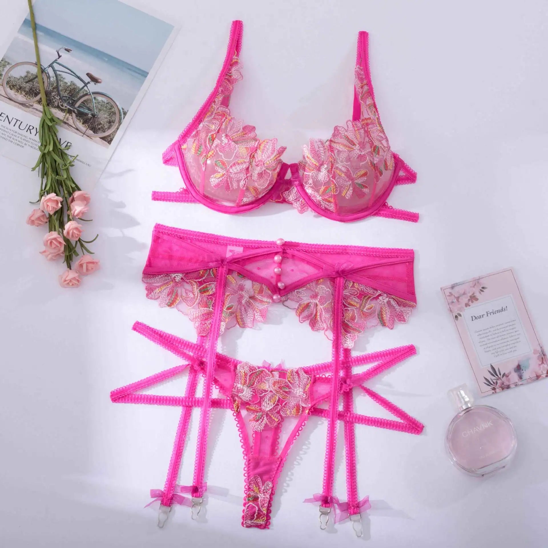 Marlo Sheer Mesh Floral Embroidered 3 Piece Lingerie Set