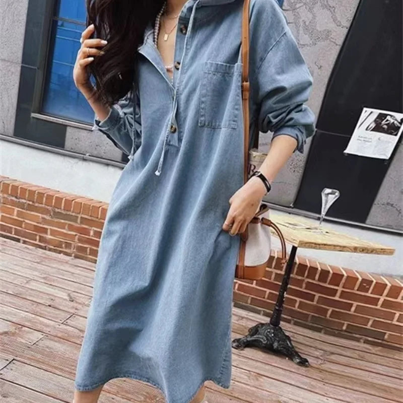 Nora Haven – Long Sleeve Denim Hoodie Dress – Women’s fashion piece