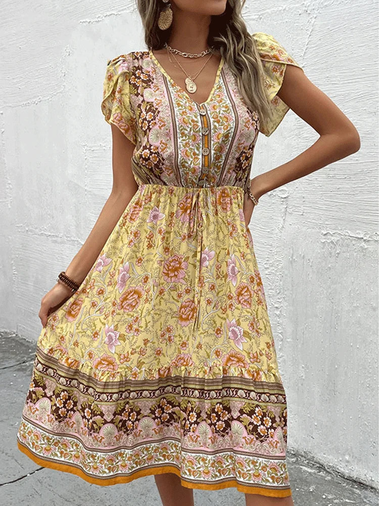 Celia Green Floral Boho Midi Dress