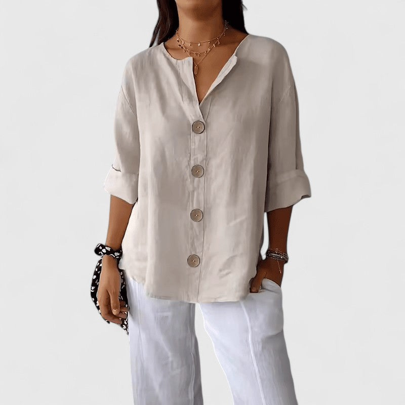 Elena Linen Blend Button Blouse