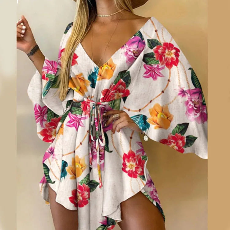Daisy Floral V Neck Boho Mini Dress