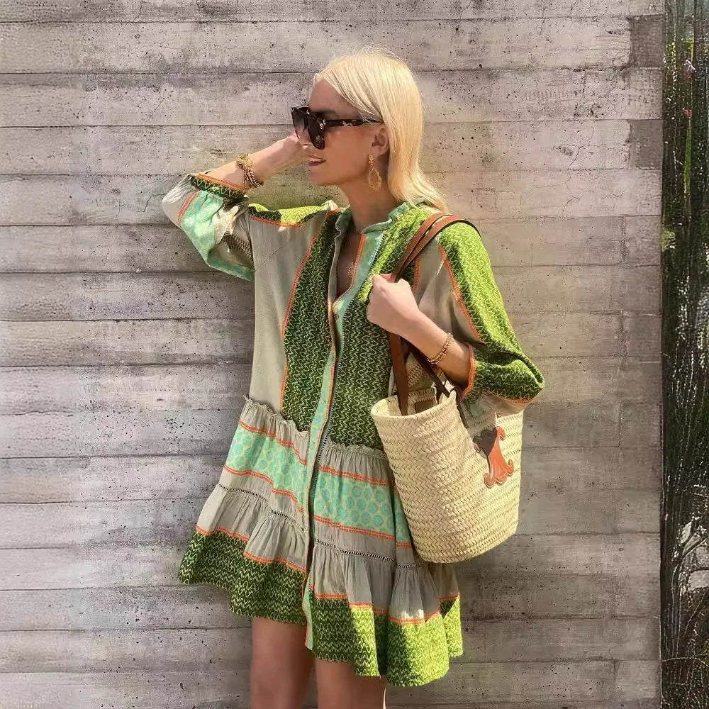 Selene | Cotton Linen Green Print Dress – Women’s fashion piece