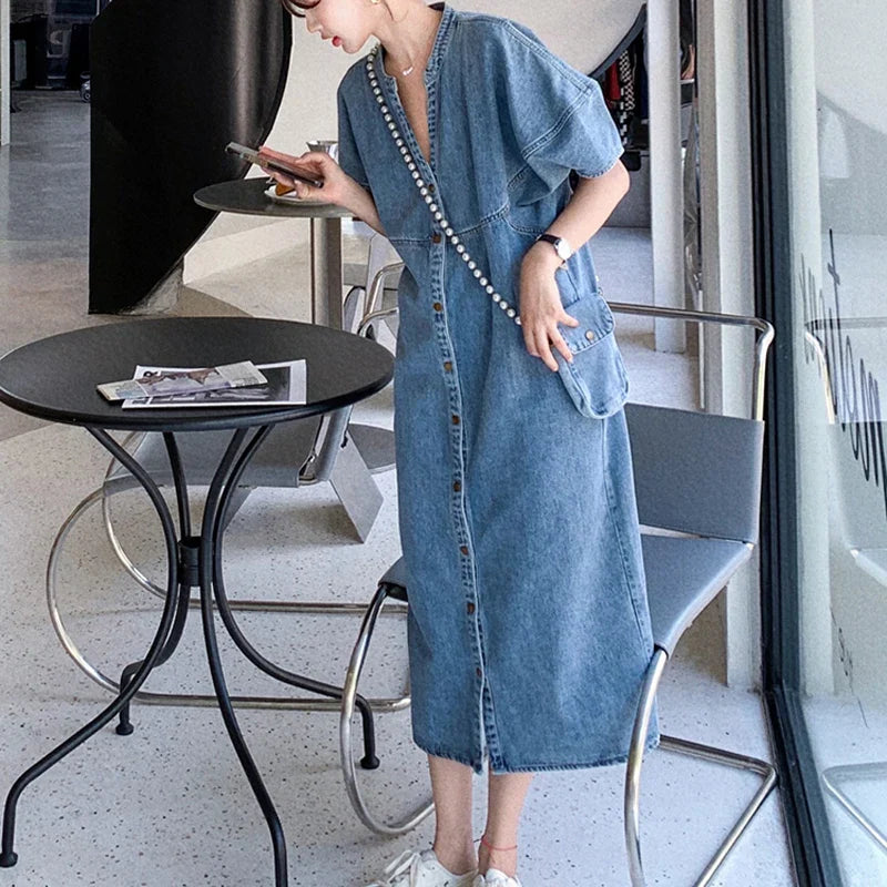 Isla Button Front Cotton And Denim Blend Dress