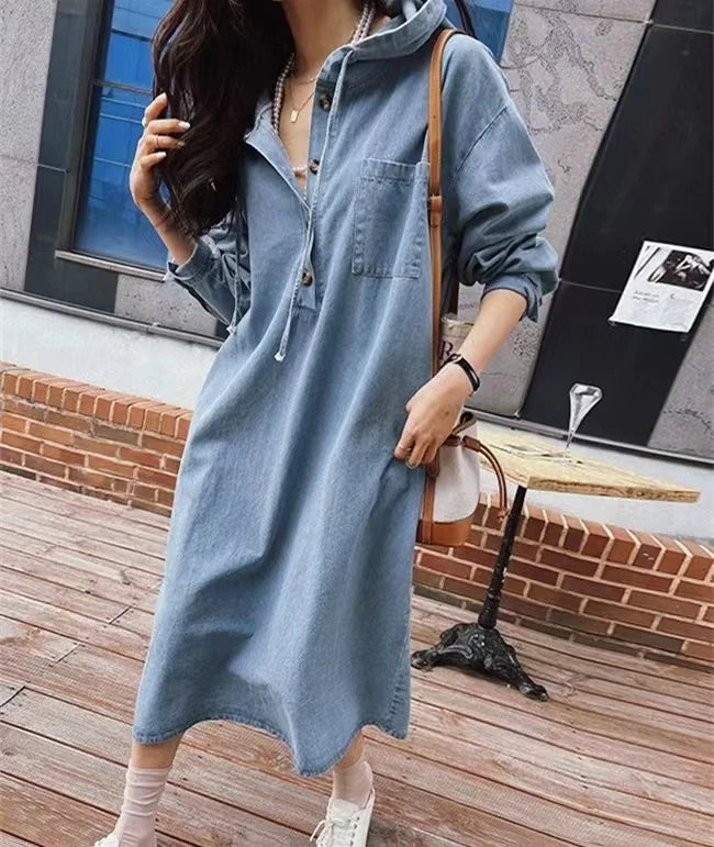 Nora Haven – Long Sleeve Denim Hoodie Dress – Women’s fashion piece