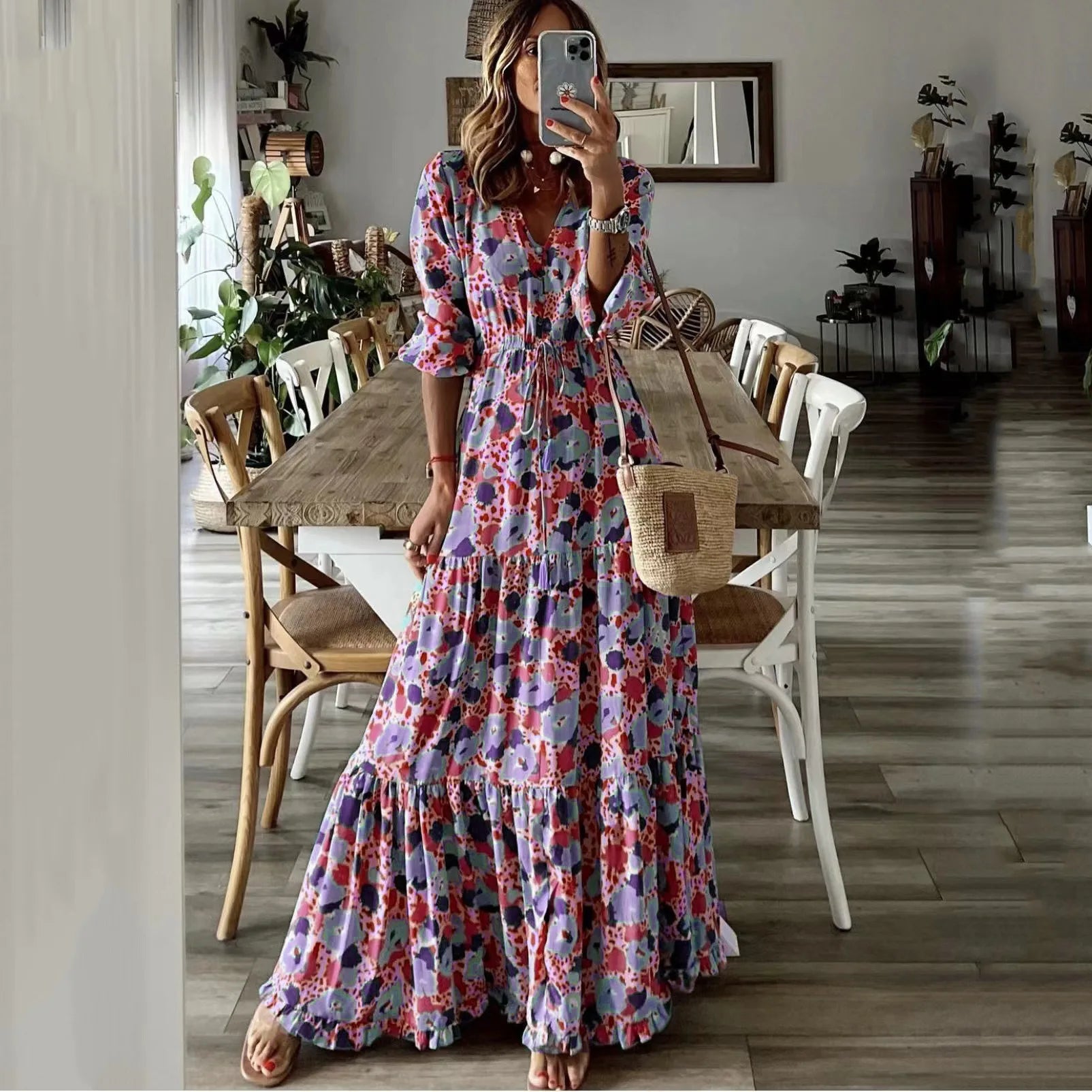 Liora | V Neck Printed Swing Maxi Dress