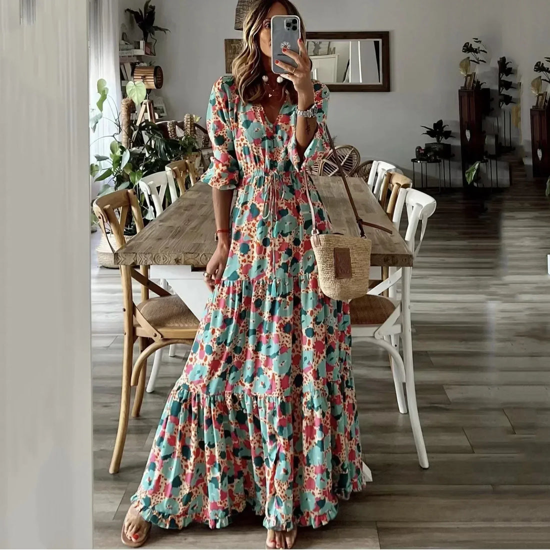 Liora | V Neck Printed Swing Maxi Dress – Women’s fashion piece