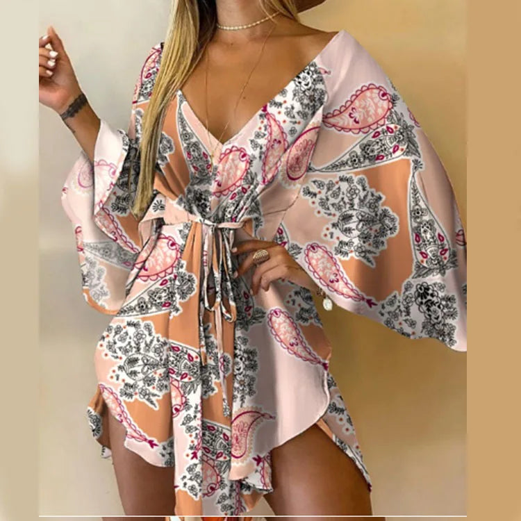 Daisy Floral V Neck Boho Mini Dress