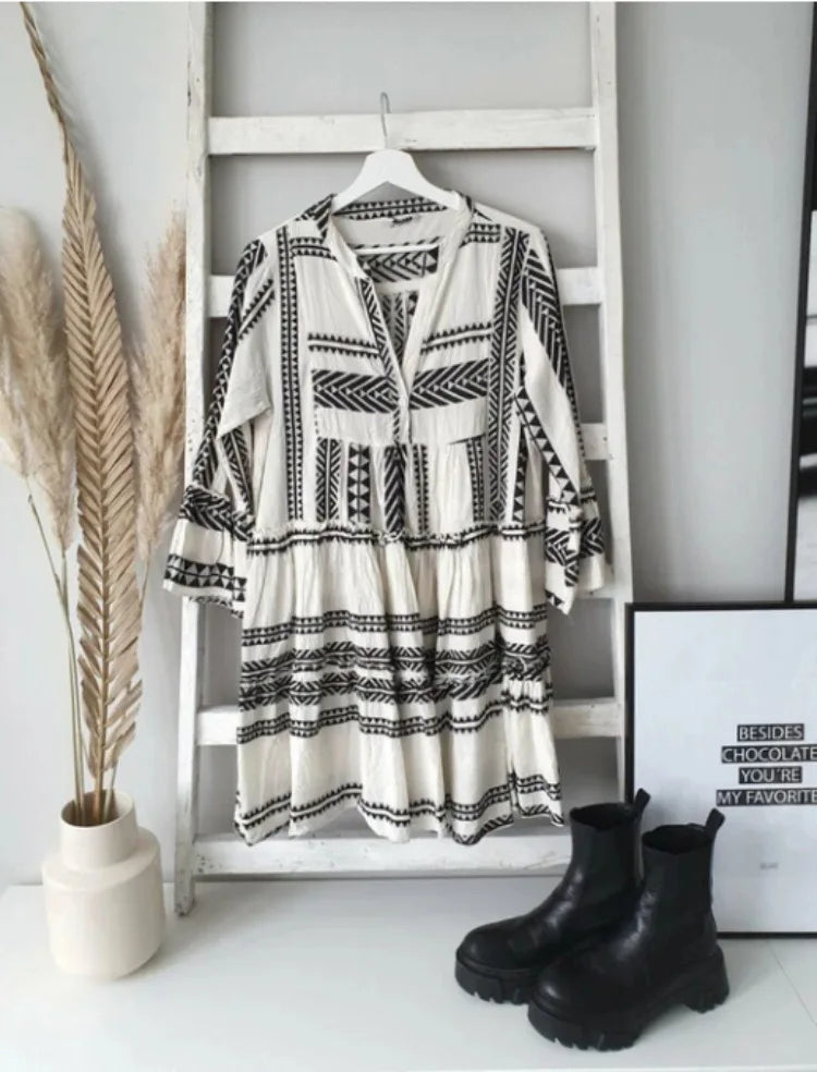 Azaria | Geometric Print V Neck Short Dress