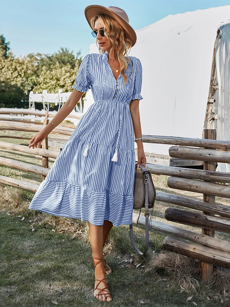 Maya | Striped Tassel V Neck Dress