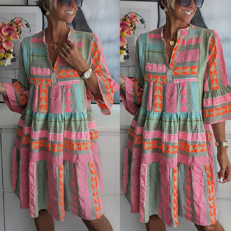 Ava Chic V Neck Cotton Hemp Summer Dress