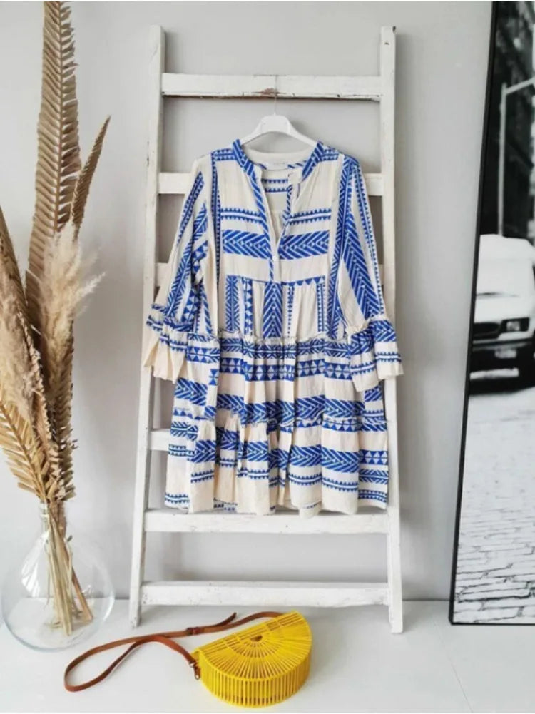 Azaria | Geometric Print V Neck Short Dress