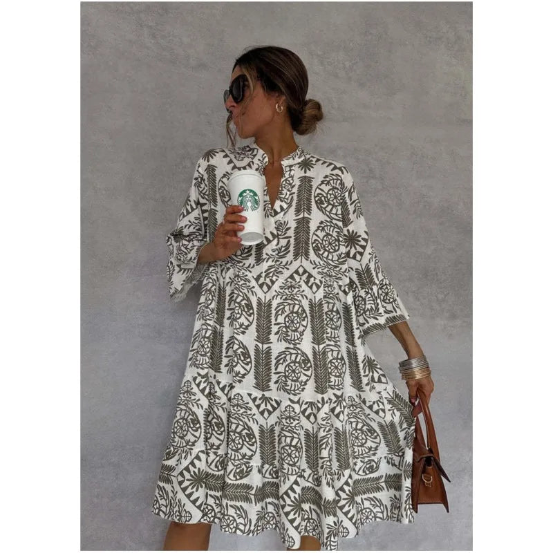 Adeline | Printed V Neck A Line Skirt Dress