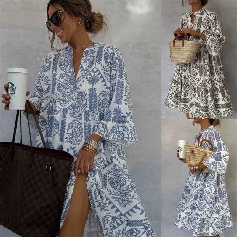 Adeline | Printed V Neck A Line Skirt Dress – Women’s fashion piece