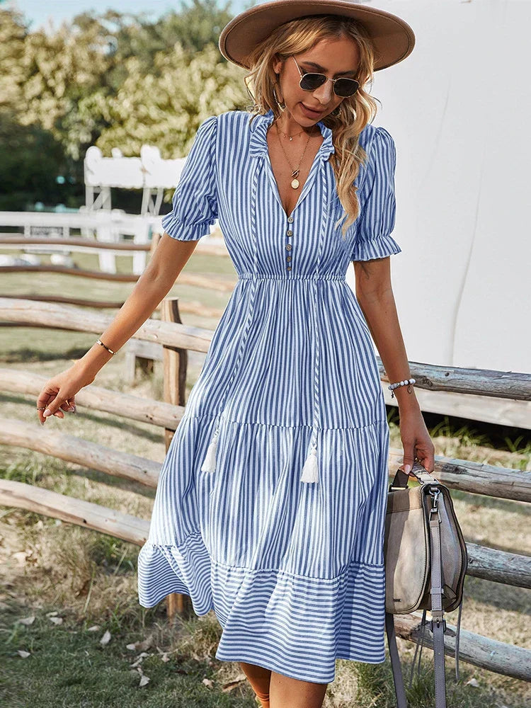 Maya | Striped Tassel V Neck Dress – Women’s fashion piece