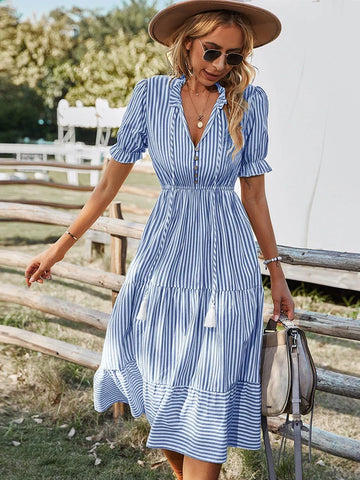 Maya | Striped Tassel V Neck Dress – Women’s fashion piece