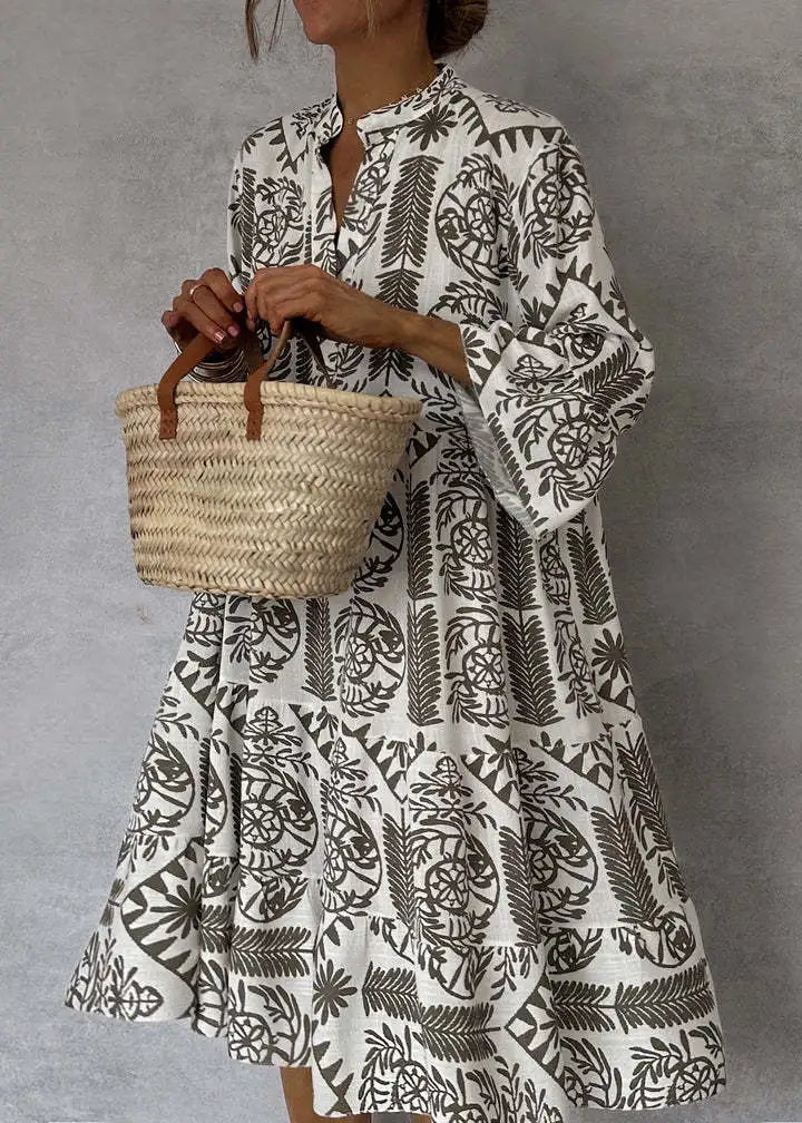 Adeline | Printed V Neck A Line Skirt Dress