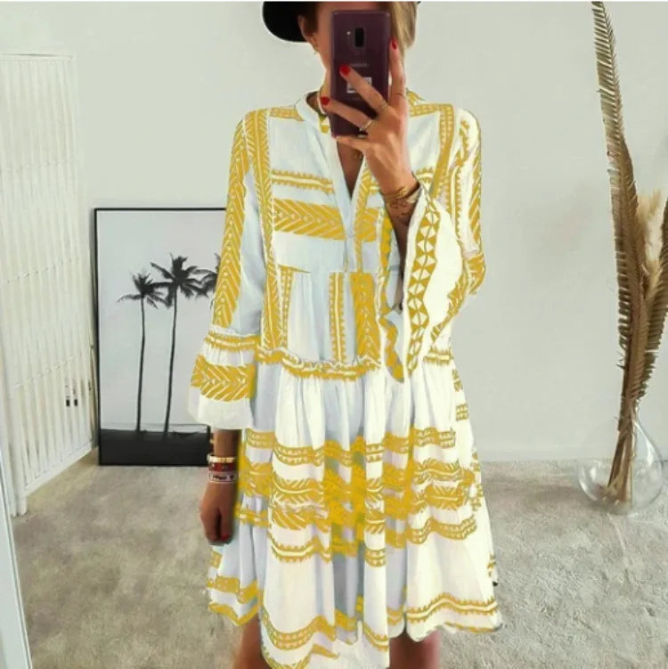 Azaria | Geometric Print V Neck Short Dress