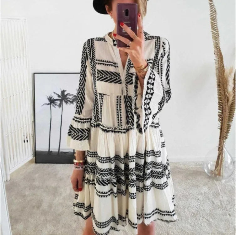 Azaria | Geometric Print V Neck Short Dress – Women’s fashion piece