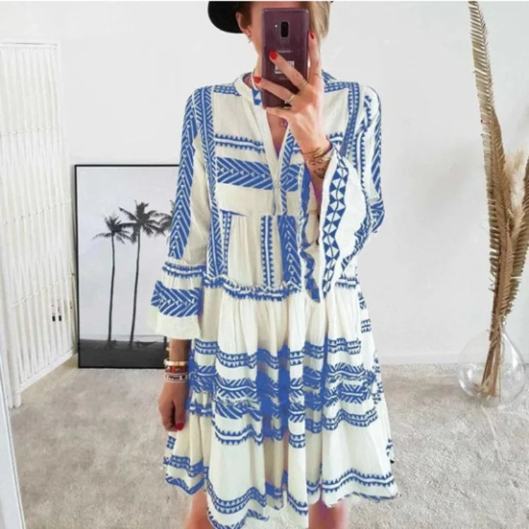 Azaria | Geometric Print V Neck Short Dress – Women’s fashion piece