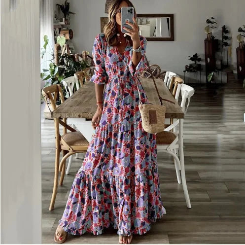 Liora | V Neck Printed Swing Maxi Dress