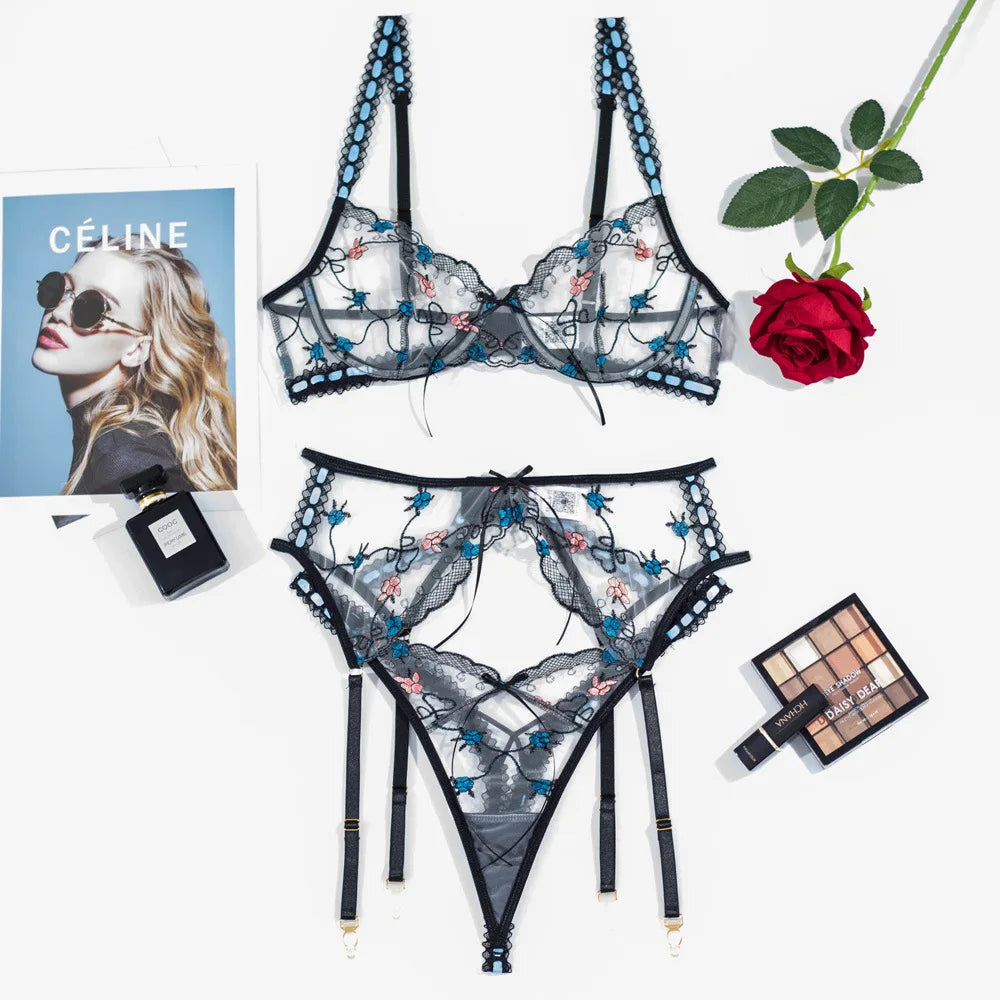 Ursula Floral Lace Embroidery 3 Piece Lingerie Set