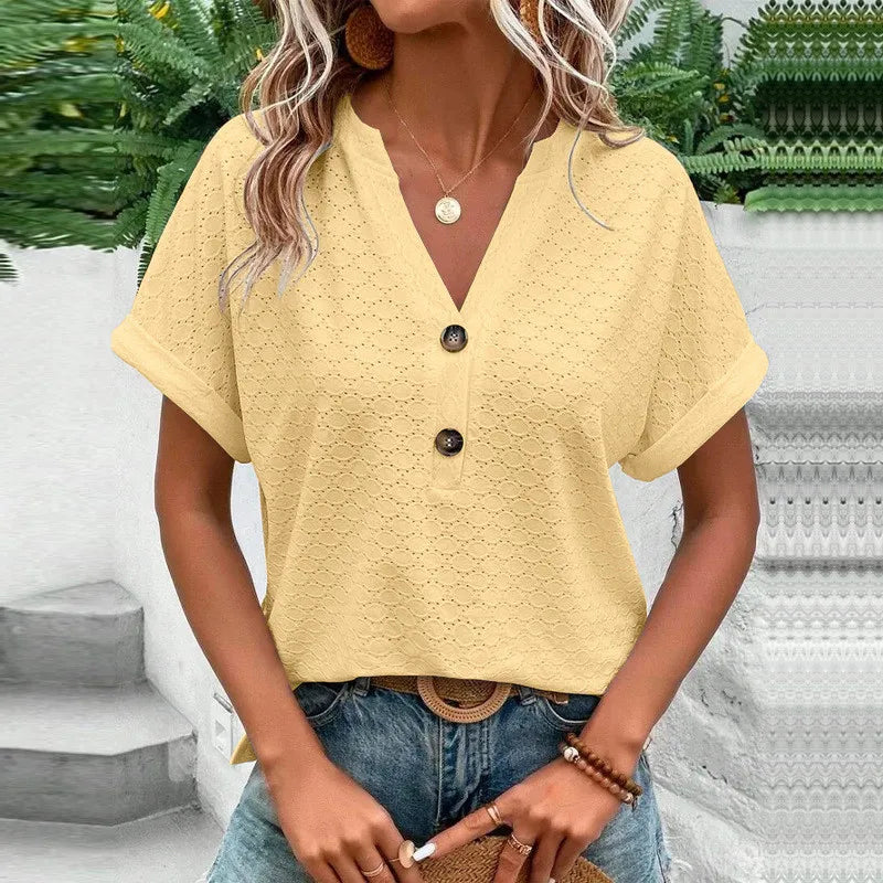 Erza Eyelet Button V Neck Top