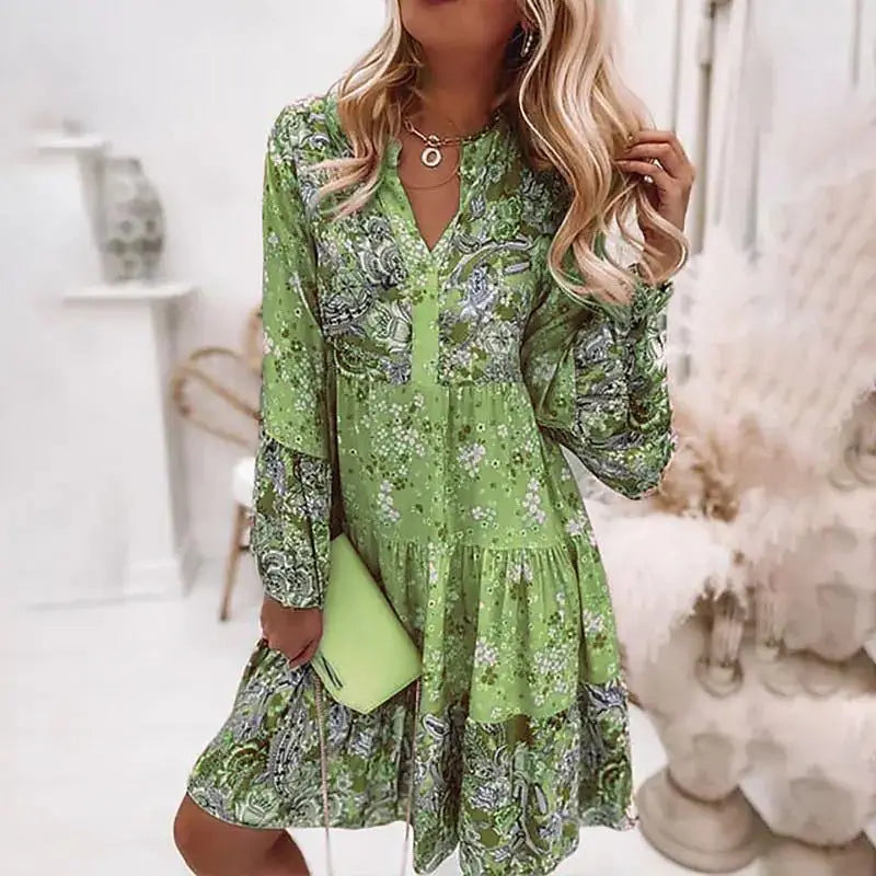 Helena Floral V Neck A Line Dress – Women’s fashion piece