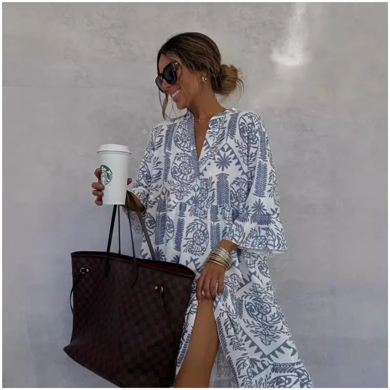 Adeline | Printed V Neck A Line Skirt Dress