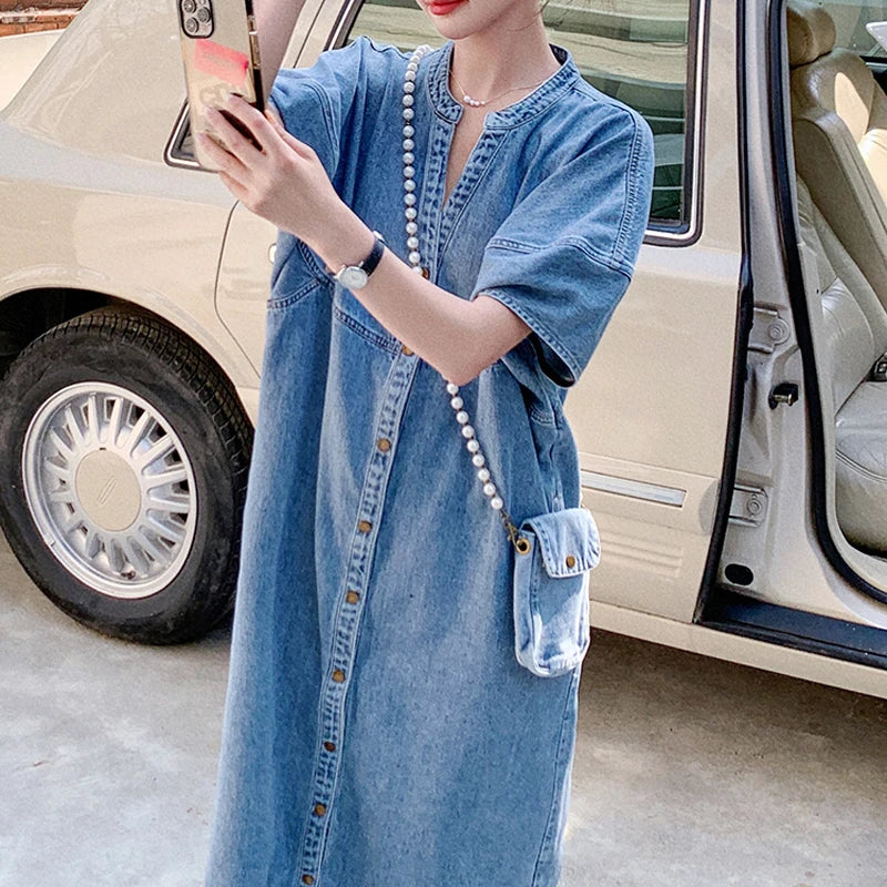 Isla Button Front Cotton And Denim Blend Dress