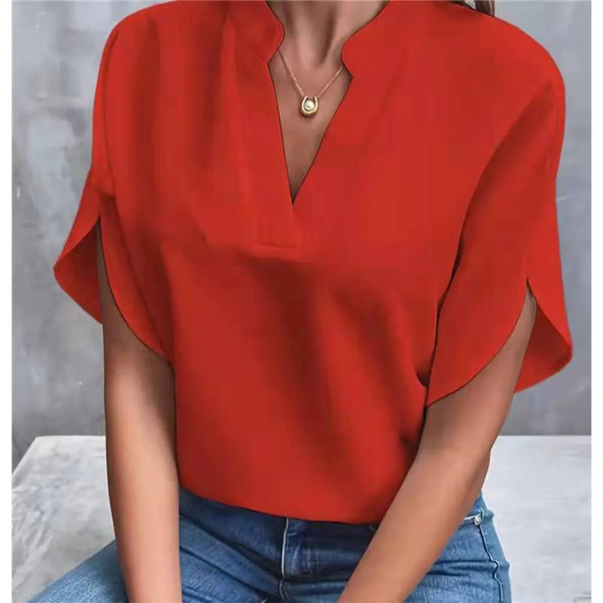 Fenry Notch Neck Flutter Sleeve Blouse
