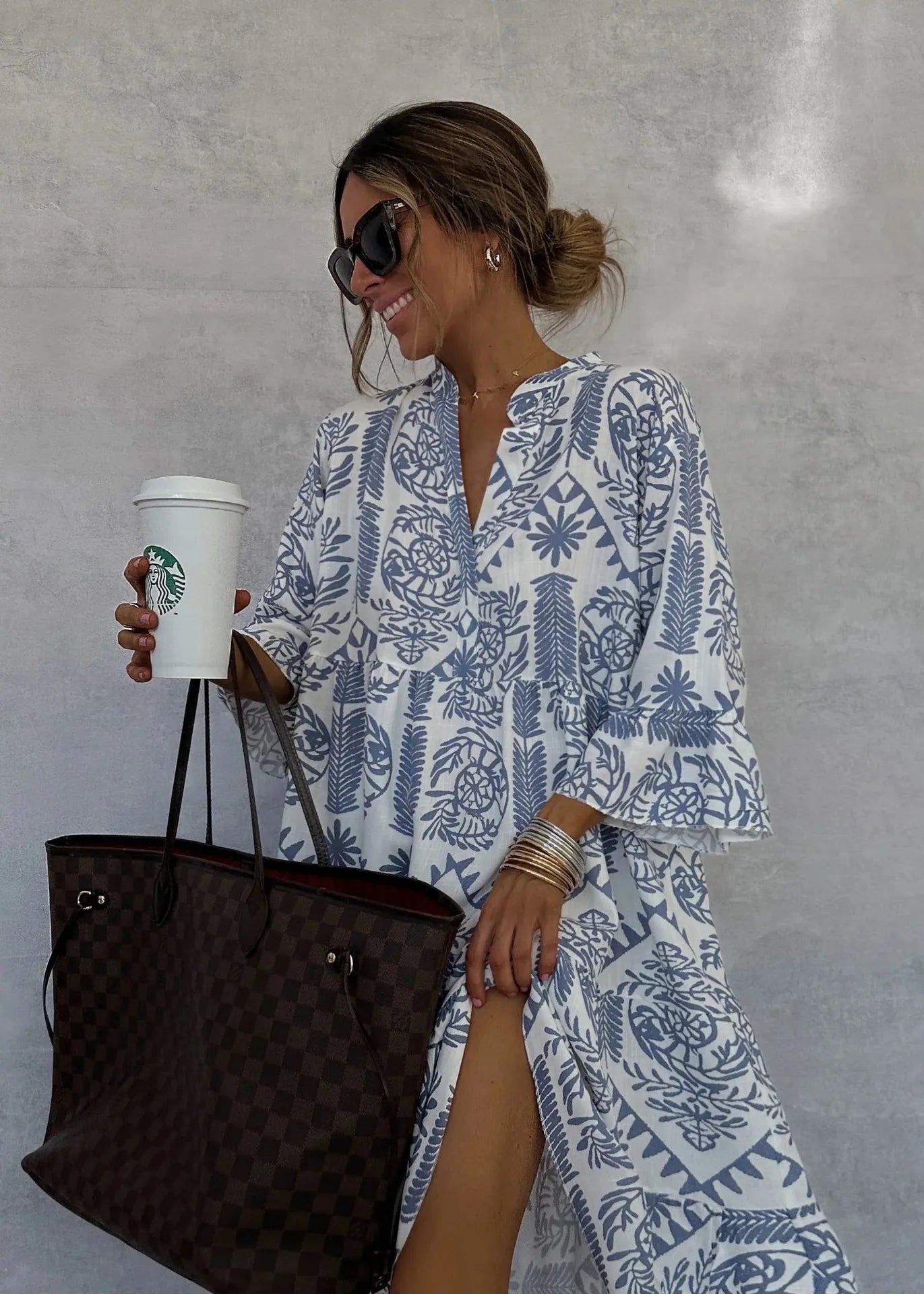 Adeline | Printed V Neck A Line Skirt Dress