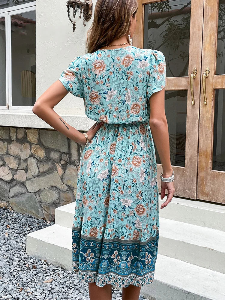 Celia Green Floral Boho Midi Dress – Women’s fashion piece