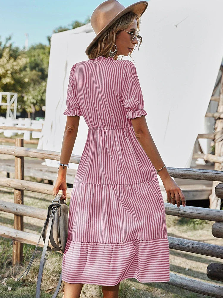 Maya | Striped Tassel V Neck Dress