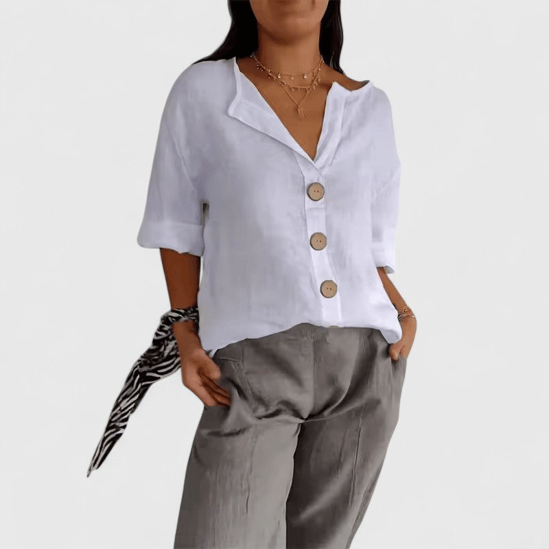 Elena Linen Blend Button Blouse