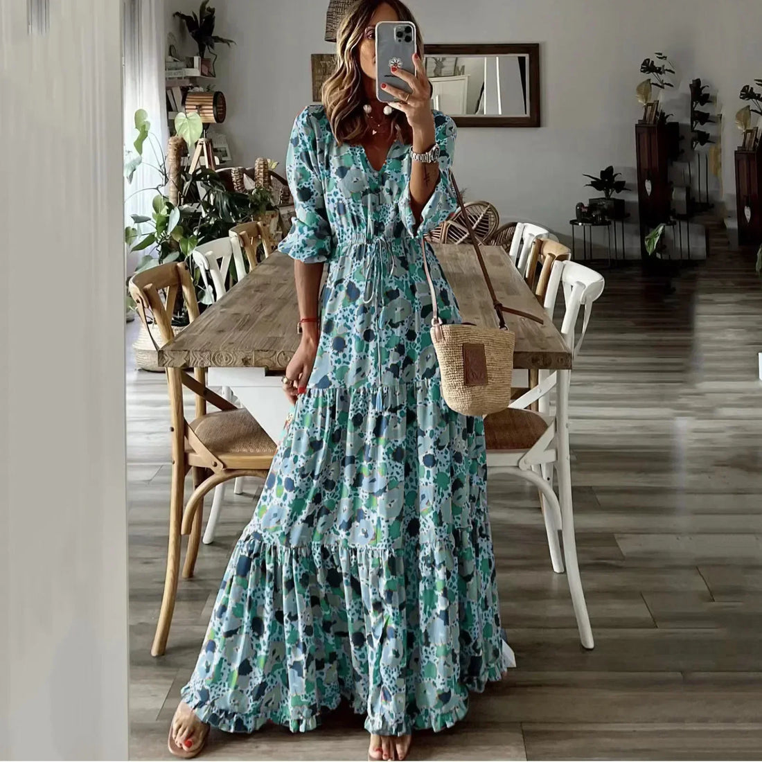 Liora | V Neck Printed Swing Maxi Dress – Women’s fashion piece
