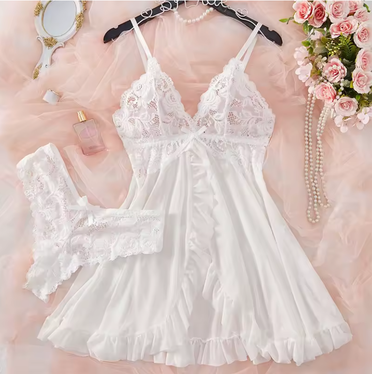 Amélie – White Satin &amp; Lace Lingerie Set – Women’s fashion piece