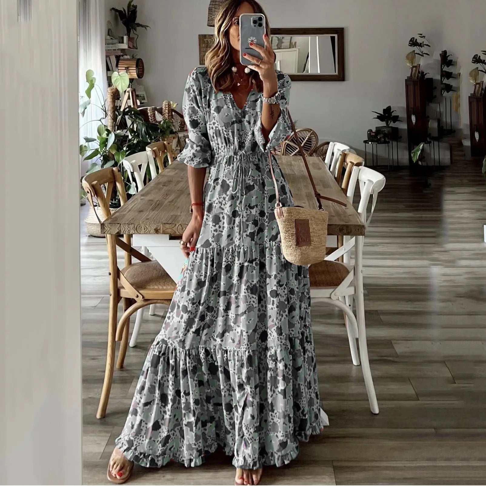 Liora | V Neck Printed Swing Maxi Dress