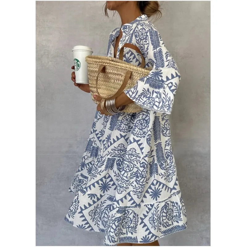 Adeline | Printed V Neck A Line Skirt Dress – Women’s fashion piece