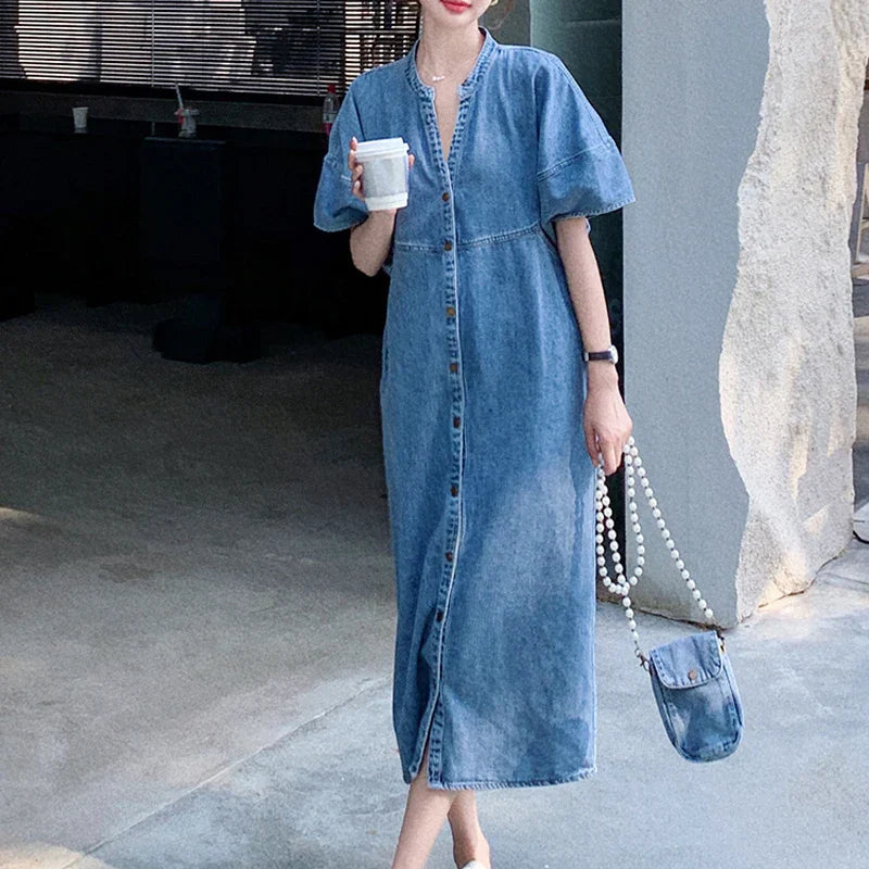 Isla Button Front Cotton And Denim Blend Dress – Women’s fashion piece