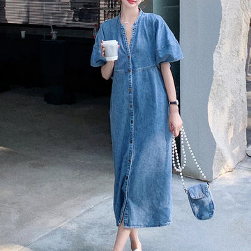 Isla Button Front Cotton And Denim Blend Dress – Women’s fashion piece