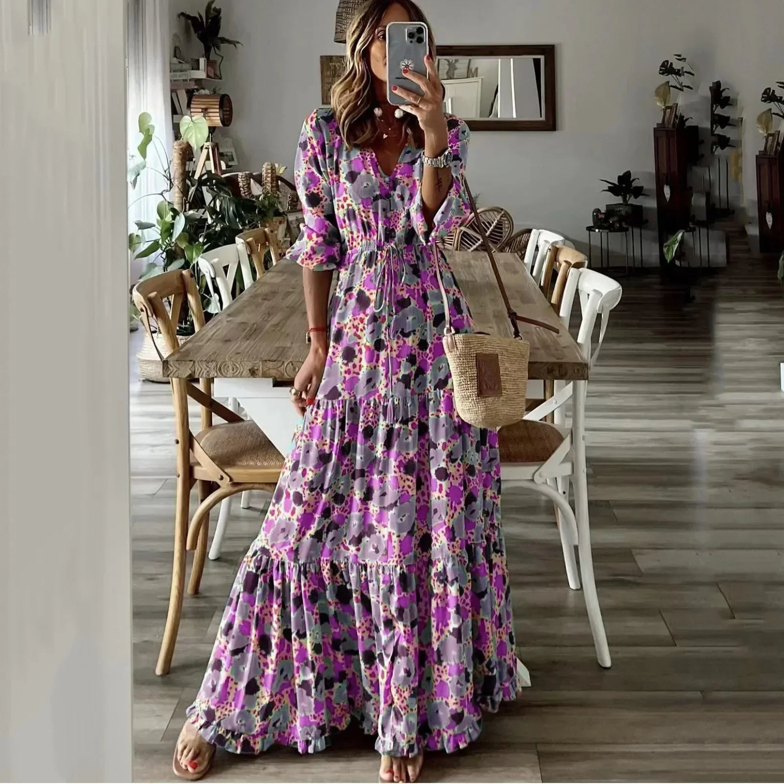 Liora | V Neck Printed Swing Maxi Dress