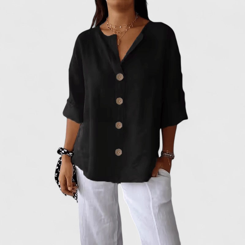 Elena Linen Blend Button Blouse – Women’s fashion piece