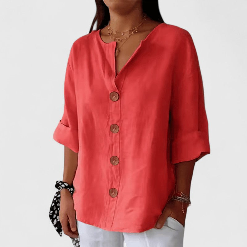 Elena Linen Blend Button Blouse