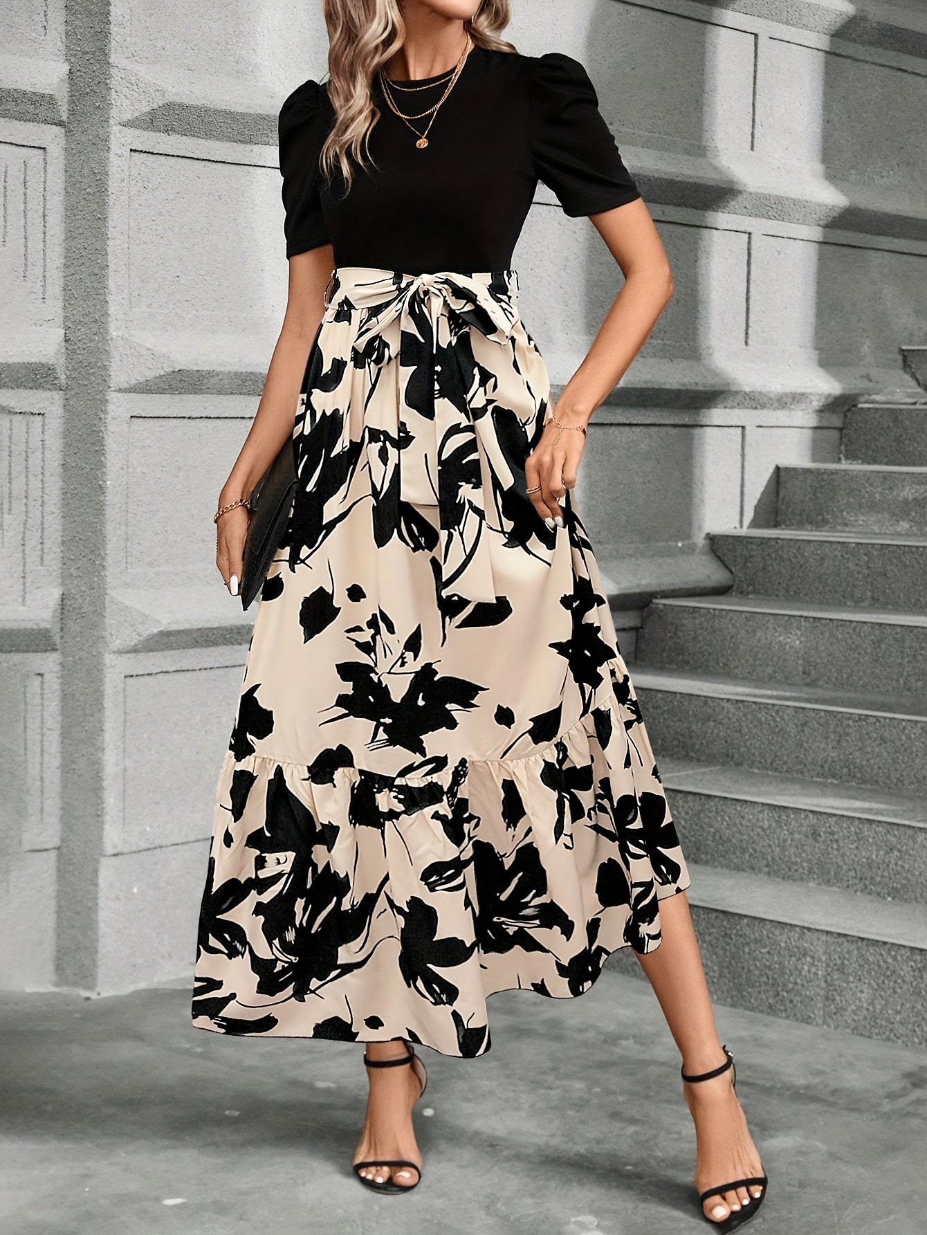 Briony Floral High Waist Dress With Ruffle Hem
