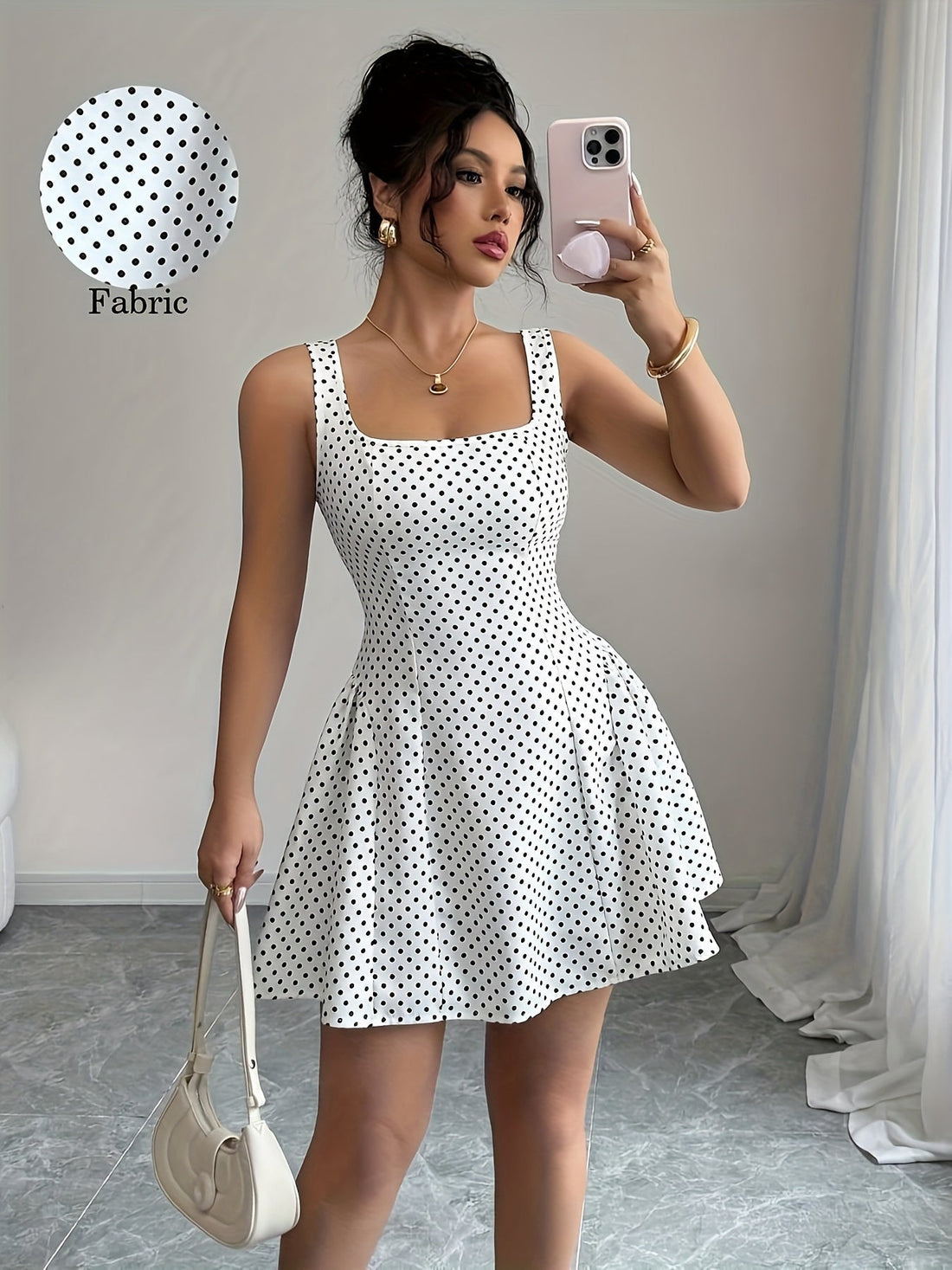 Elegant Short Dress With Polka Dots And A Square Neckline. – Women’s fashion piece