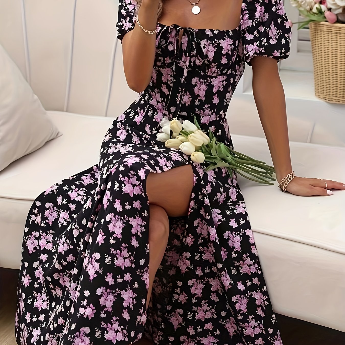 Calyx Artistic Floral Print Puff Sleeve Dress