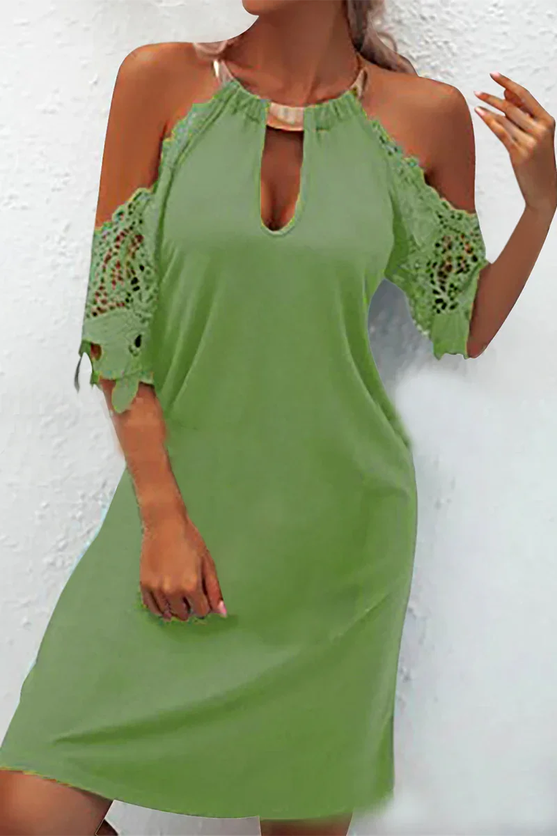 Naila Elegant Solid Lace Dress With Metallic Accessories And Embellishments, With A Belt Line.
