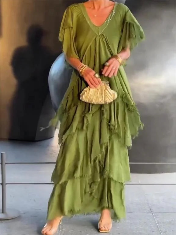 Blaise Ruffled Short Sleeves V Neck Maxi Dress