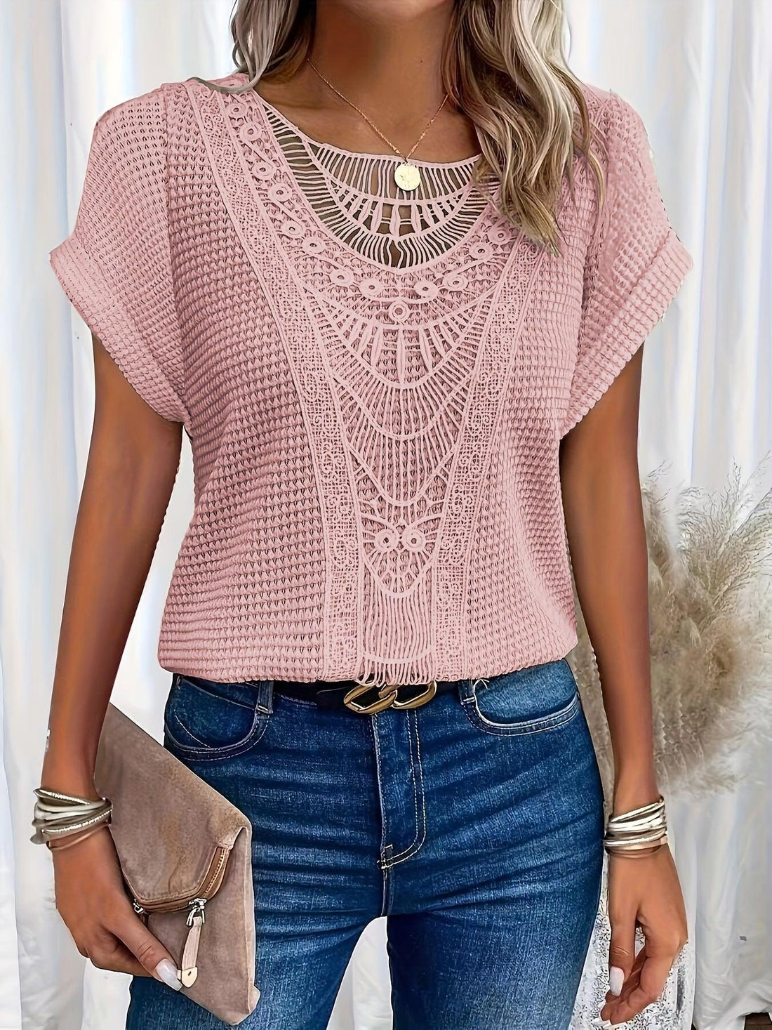 Maya Boho Knit Lace Tee – Women’s fashion piece